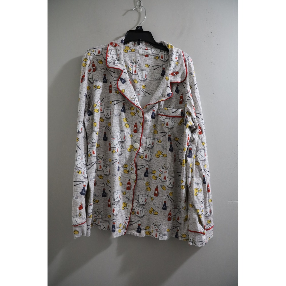 BedHead‎ Pajamas Womens Large Chinese Takeout Print Button Down Sleep Shirt Gray